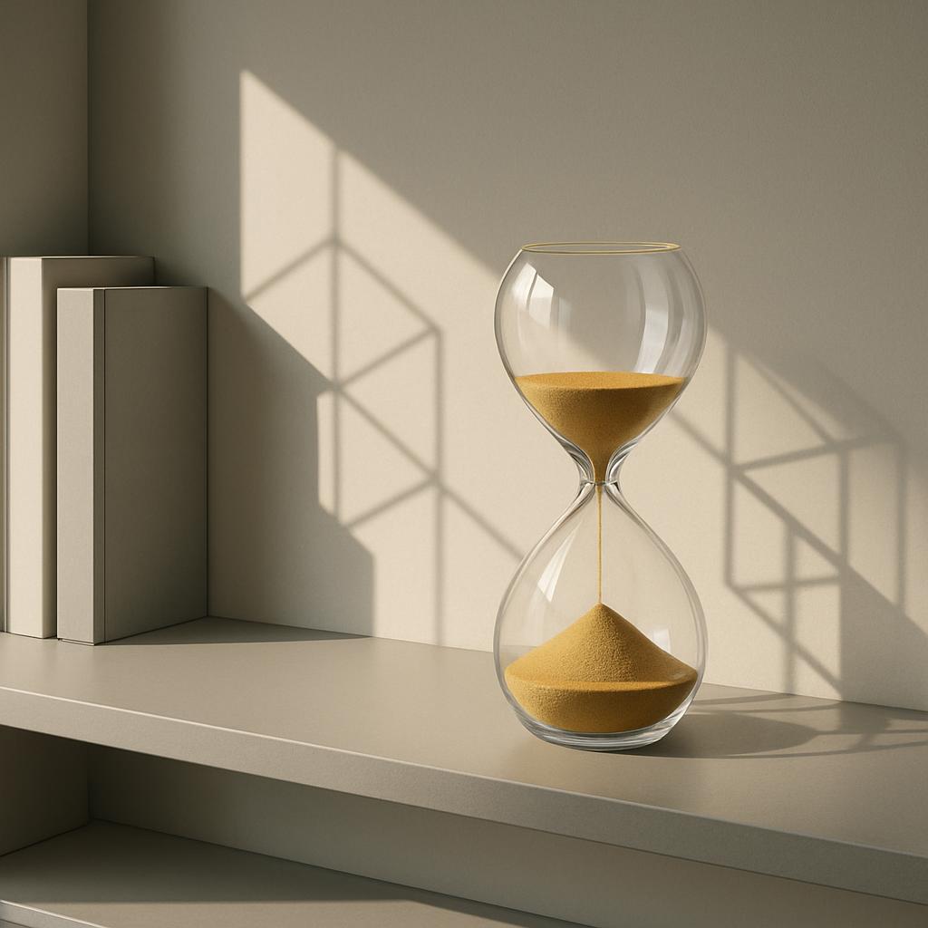 The shelves on the left have a reflective, geometric pattern on the wall and the sand hourglass is clear glass.