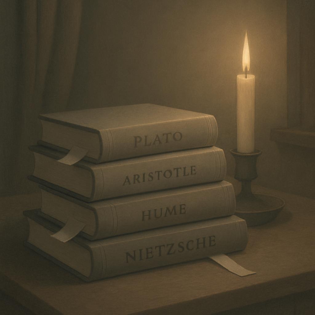 Stack of books from famous writers and philosophers,including Plato, Aristotle, Hume and Nietzsche, alongside a lit candle...