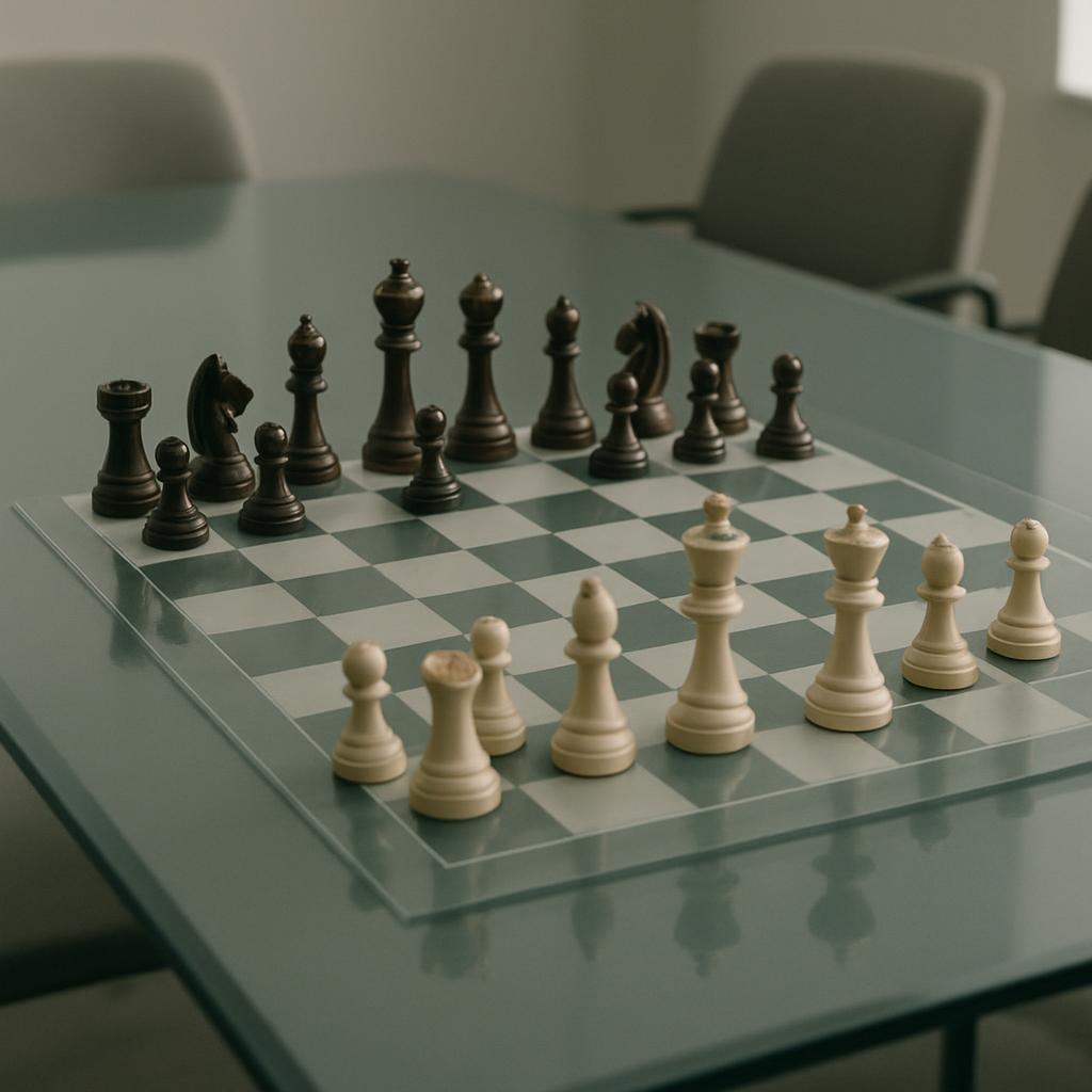 A chessboard with various chess pieces remains on a pale blue table in a meeting room. In the foreground, the bishop, quee...